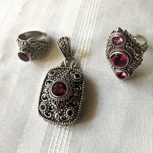 Sarda Bali Sterling 925 Silver Pink Mystic Topaz  Rings And Pendant Set Sz 7,8